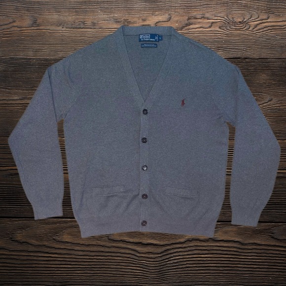 Polo Ralph Lauren Mens Pima Cotton Cardigan Sweater Grey Large V-Neck Button Up - Picture 1 of 8